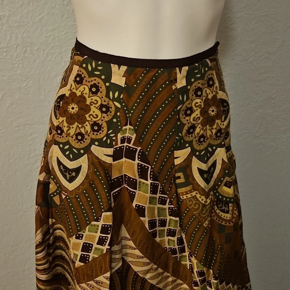 VTG TREVAN Brown Mod Floral Patchwork A-line Silk Blend Skirt
